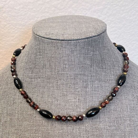 Lovely Grace and Heart Raja Tiger Eye-Onyx-Mixed Metals Necklace - Picture 1 of 6